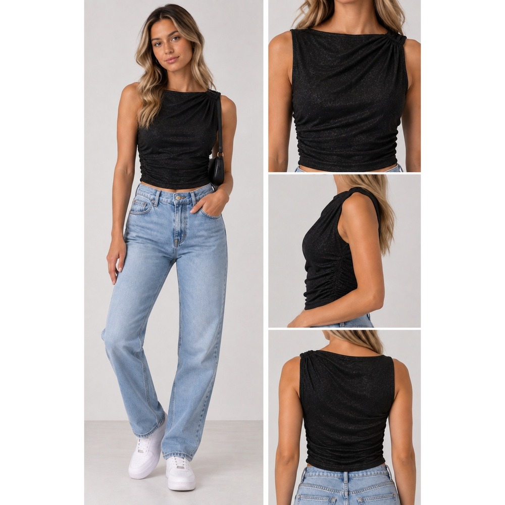 Cider Black Glitter Tank Top Womens Size S Sparkle Ruched Side Stretch Knit